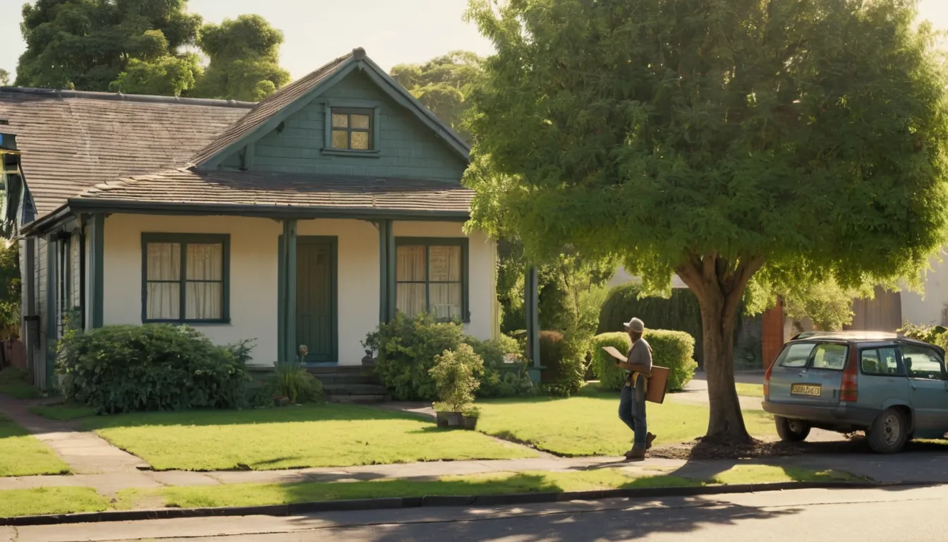 A tree provider checking a leaning tree beside an older bungalow in the Santa Clarita area
