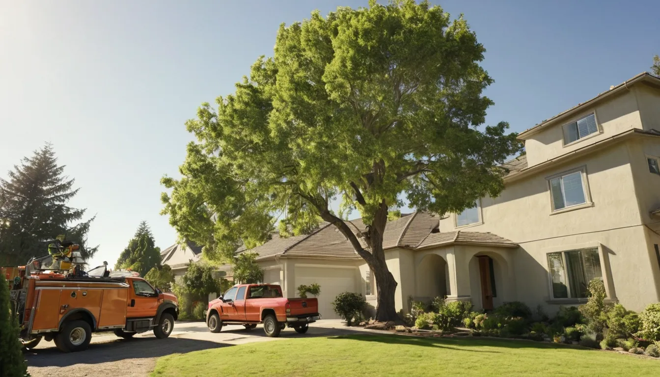 A homeowner and a tree provider reviewing a large backyard tree near a stucco home in Santa Clarita