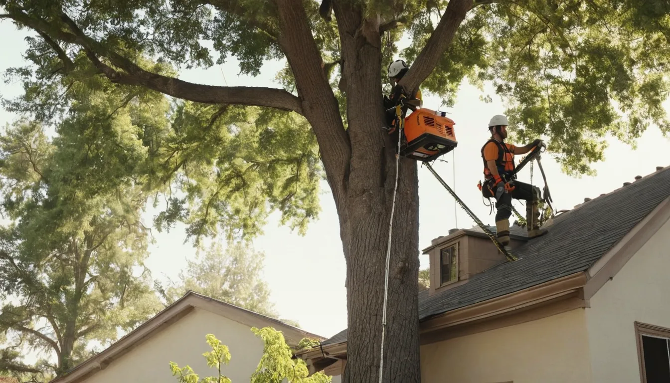 Tree removal provider cutting a large tree in a backyard near Santa Clarita
